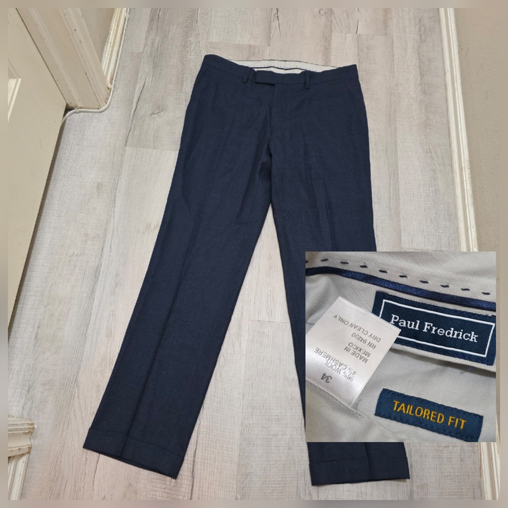 Paul Fredrick Mens Navy Blue Wool Cashmere Tailored Fit Dress Pants 34x31 Cuffed